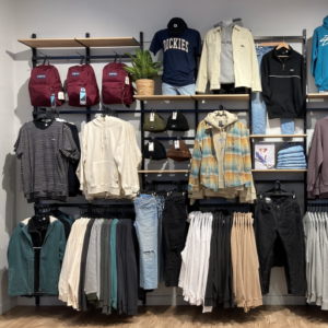 wall systems display with various clothing